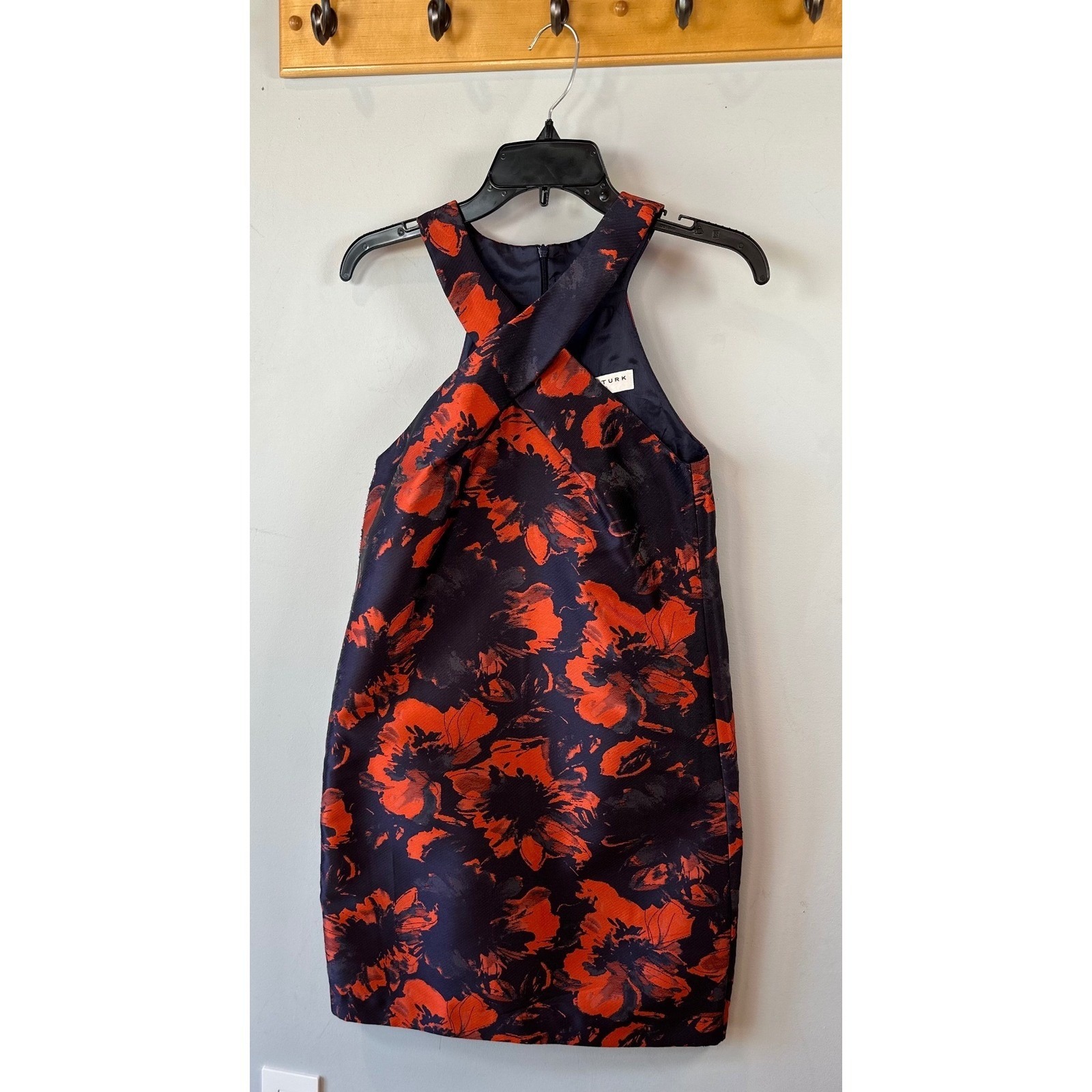 Trina Turk Floral Jacquard Criss Cross Halter Mini Shift Dress Navy Orange 4
